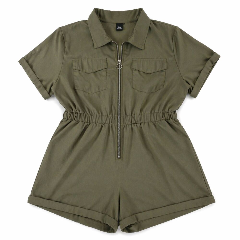 Olive Green Utility Romper 1XL Zip Front Elastic Waist Shorts Safari Core